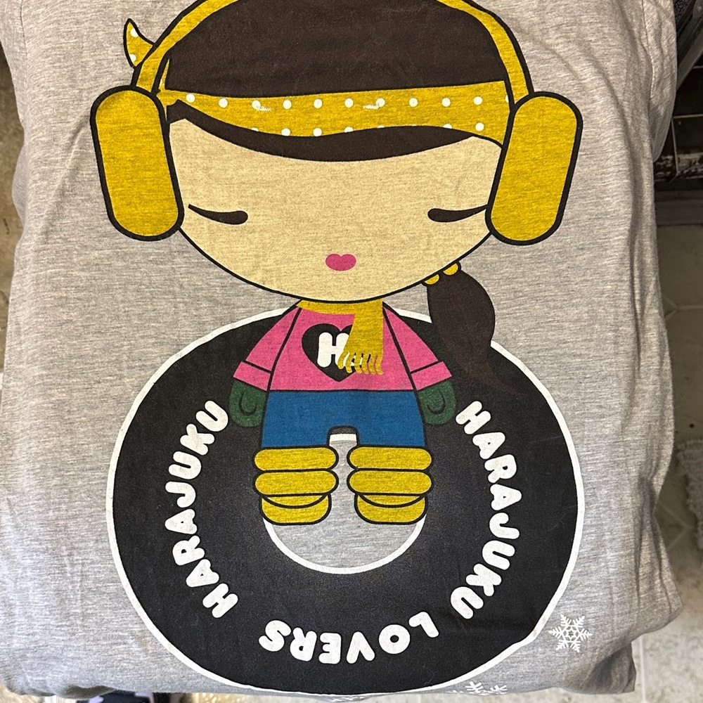 Harajuku Lovers Gray Long Sleeve Tee with Yellow Headphones and Pink Top Graphic
